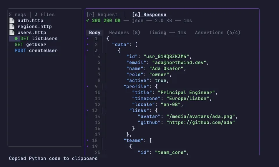 Turning a saved request into runnable client code, cycling through the generated Python, JavaScript, Go and curl output.