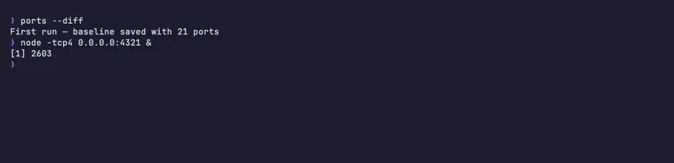 Diff mode marking which ports opened and which closed since the snapshot was taken.