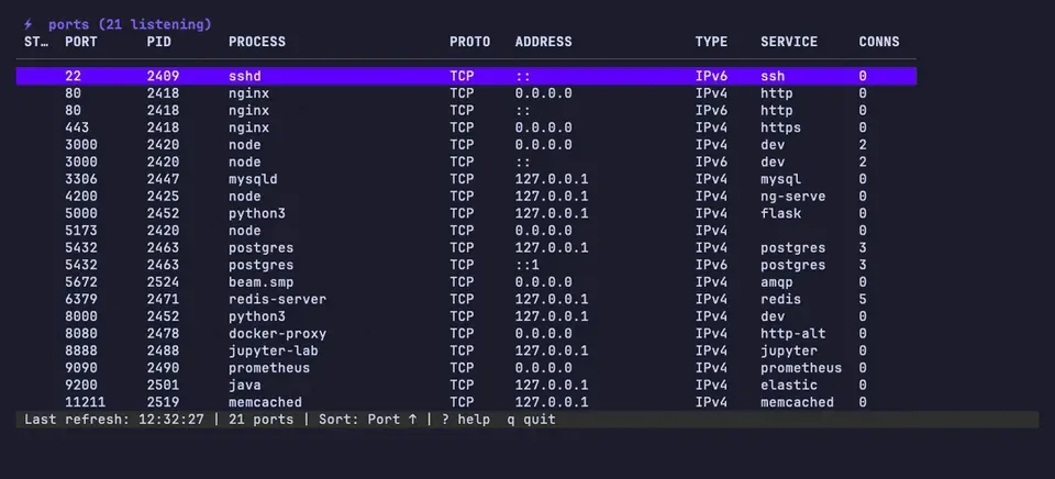 Typing into the filter prompt narrows the port table in real time, matching on both port number and process name.