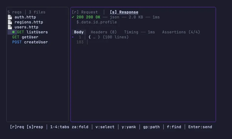 Collapsing and expanding nested objects and arrays in a JSON response body with vim-style fold commands.