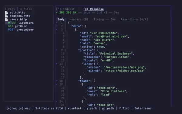 The restless TUI with a sidebar of three .http files and their requests beside a response pane showing a 200 OK JSON body, response size, timing and four passing assertions.