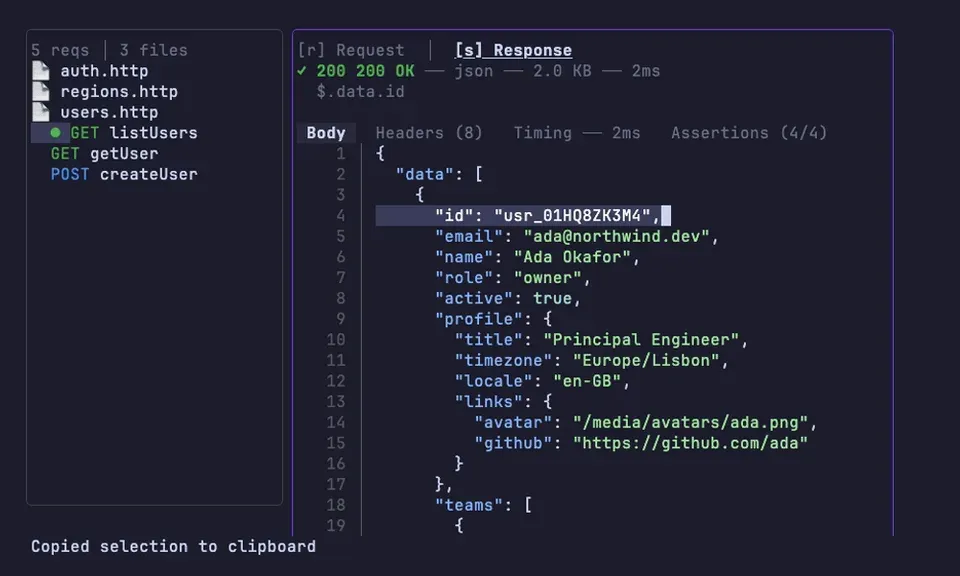 Selecting a field inside a JSON response and yanking both its value and its full dotted path to the clipboard.